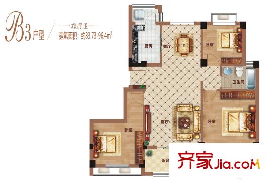 恒達盤龍灣荷苑9-21號樓B3戶型 3室2廳1衛(wèi)1廚