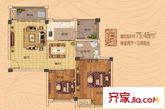 武湖尚公館2號樓F戶型 2室2廳1衛(wèi)1廚