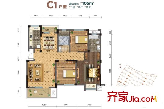 億達(dá)云山湖28、30、32、34棟C1戶型 3室2廳2衛(wèi)1廚