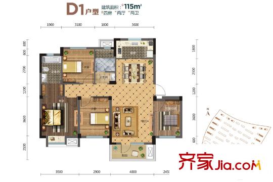 億達(dá)云山湖27、29、31、33、35-38棟D1戶型 4室2廳2衛(wèi)1廚