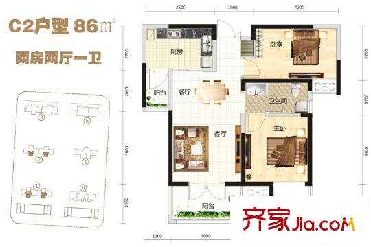 中國(guó)鐵建國(guó)際花園1、2號(hào)樓C2戶型建筑面積86平方米 2室2廳1衛(wèi)1廚