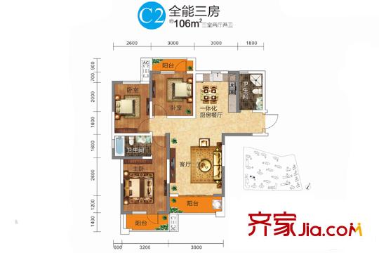 國創(chuàng)光谷上城1期11號(hào)樓C2戶型（售完） 3室2廳2衛(wèi)1廚
