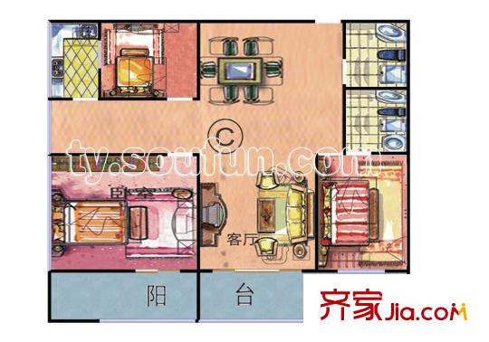 晶泰苑戶型圖C戶型 3室2廳2衛(wèi)