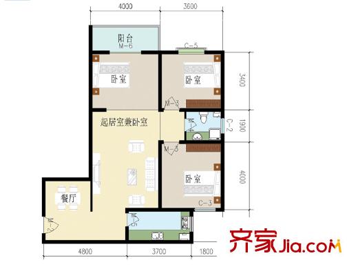 匯通麗城戶型圖A戶型 3室2廳1衛(wèi)1廚