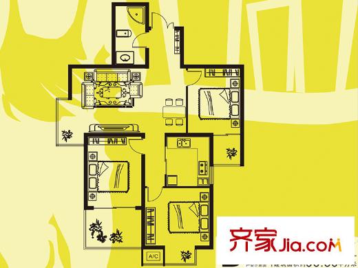 城南秀色戶型圖二期B-2戶型 3室2廳1衛(wèi)1廚