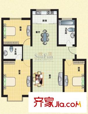榆纜書林世家戶型圖戶型： 3室2廳2衛(wèi)1廚