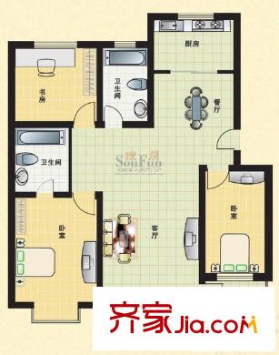 榆纜書林世家戶型圖戶型： 3室2廳2衛(wèi)1廚