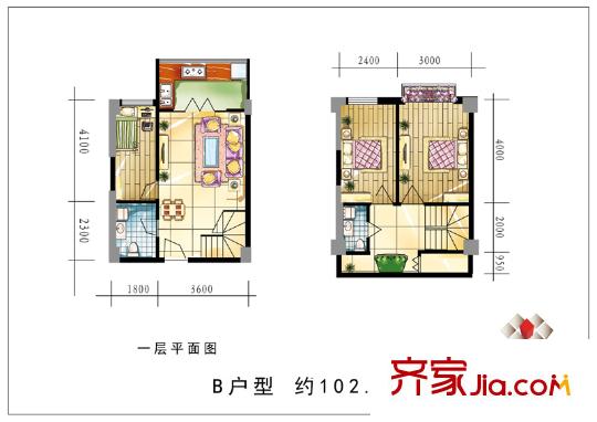 萬(wàn)豪幸福匯戶型圖一層二層B戶型圖 3室2廳2衛(wèi)1廚