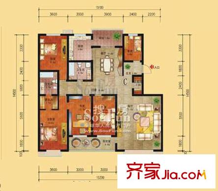 雙水灣名門戶型圖C四室兩廳兩衛(wèi) 4室2廳2衛(wèi)1廚