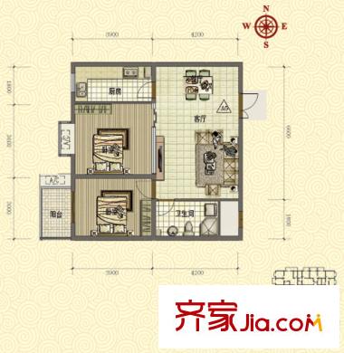 鴻瑞佳園戶型圖A5、A6戶型（北） 2室2廳1衛(wèi)1廚
