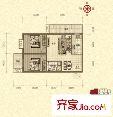 鴻瑞佳園戶型圖A4戶型 2室2廳1衛(wèi)1廚