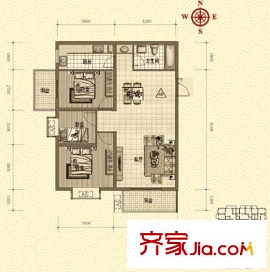 鴻瑞佳園戶型圖A8戶型 3室2廳1衛(wèi)1廚