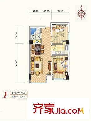 金東中環(huán)城戶型圖4#（中環(huán)紅）F戶型 2室1廳1衛(wèi)1廚