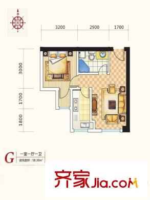 金東中環(huán)城戶型圖4#（中環(huán)紅）G戶型 1室1廳1衛(wèi)1廚