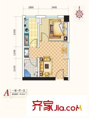 金東中環(huán)城戶型圖4#（中環(huán)紅）A戶型 1室1廳1衛(wèi)1廚