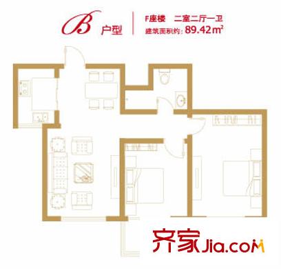 香悅瀾溪戶型圖F-B 2室2廳1衛(wèi)1廚