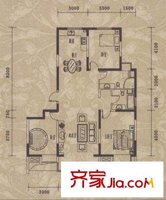 安泰花園戶型圖2#3#樓B戶型 3室2廳2衛(wèi)1廚