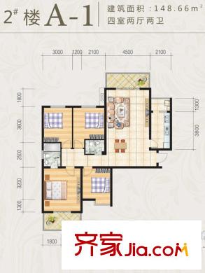 景都花苑戶型圖2#A-1戶型 4室2廳2衛(wèi)1廚