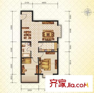 北京新干線(xiàn)戶(hù)型圖16#（東）B戶(hù)型 2室2廳1衛(wèi)1廚