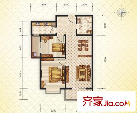 北京新干線(xiàn)戶(hù)型圖16#（東）C戶(hù)型 2室2廳1衛(wèi)1廚