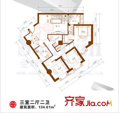 東岸未來城戶型圖3室2廳2衛(wèi)1廚