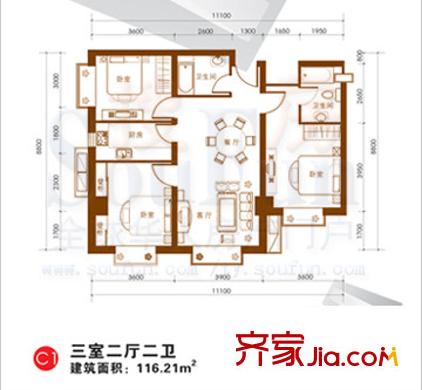 東岸未來城戶型圖3室2廳2衛(wèi)1廚