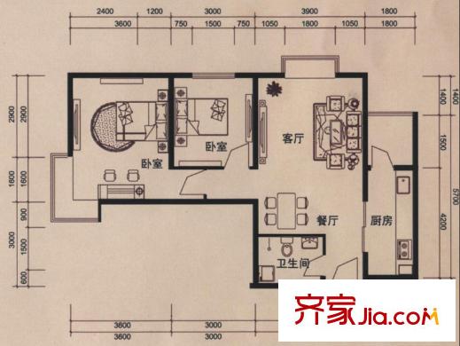 美域中央戶型圖南樓D戶型 2室2廳1衛(wèi)1廚