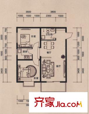 美域中央戶型圖北樓B戶型 2室2廳1衛(wèi)1廚