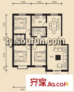 溫泉公寓戶型圖B三室兩廳兩衛(wèi)128 3室2廳2衛(wèi)1廚