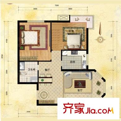 浦東雅典戶型圖A1戶型 2室2廳1衛(wèi)1廚