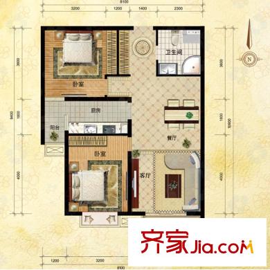 浦東雅典戶型圖A3戶型 2室2廳1衛(wèi)1廚