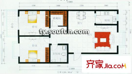 龍城半島戶型圖五單元戶型 2室2廳1衛(wèi)