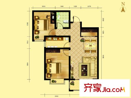 坤澤十里城D8#B戶型 2室2廳1衛(wèi)1廚