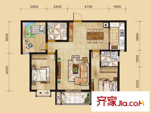 龍景逸墅三期B戶型 3室2廳2衛(wèi)1廚