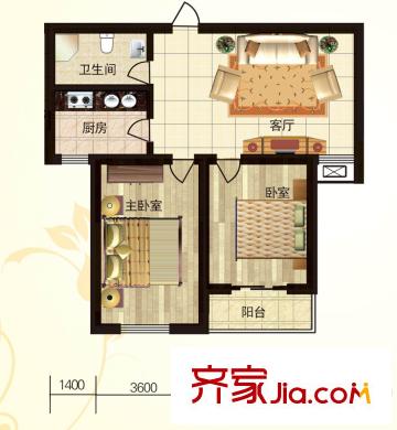 藍(lán)水假日戶(hù)型圖F戶(hù)型 2室1廳1衛(wèi)1廚