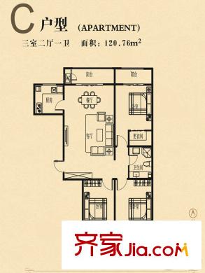 鳳凰苑C戶型 3室2廳1衛(wèi)1廚