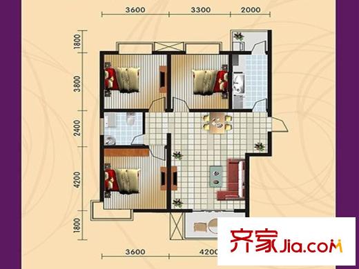 怡和?中馨城D戶型 3室2廳1衛(wèi)1廚