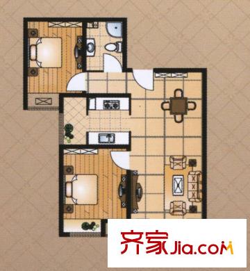 美林灣兩室兩廳一衛(wèi)96.68平戶型 2室2廳1衛(wèi)1廚
