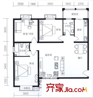 府東公園6棟D1座A戶型 3室2廳2衛(wèi)1廚