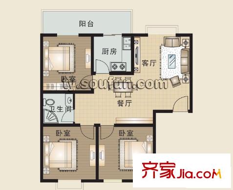 享堂新城戶型圖C1 3室2廳1衛(wèi)1廚