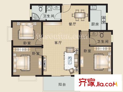 享堂新城戶型圖F 3室2廳2衛(wèi)1廚