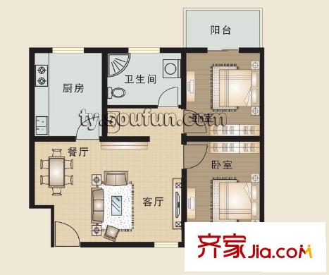 享堂新城戶型圖C 2室2廳1衛(wèi)1廚