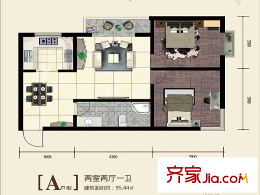 百德?尚景1號樓A戶型 2室2廳1衛(wèi)1廚