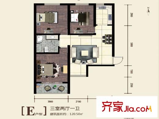 百德?尚景1號樓E戶型 3室2廳1衛(wèi)1廚