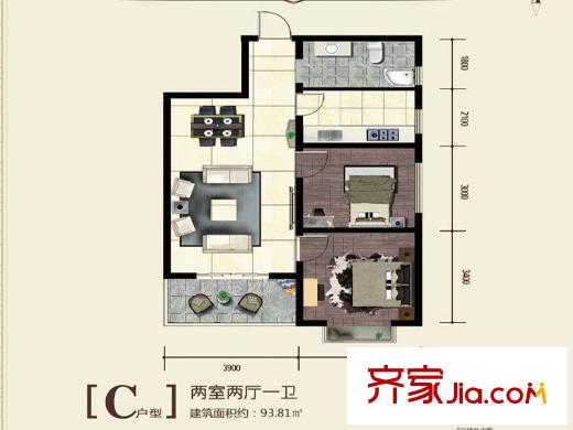 百德?尚景2號(hào)樓C戶型 2室2廳1衛(wèi)1廚