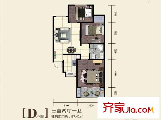 百德?尚景2號(hào)樓D戶型 3室2廳1衛(wèi)1廚