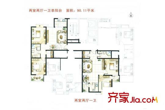 領(lǐng)寓A棟標(biāo)準(zhǔn)層84.45平米戶型 2室2廳1衛(wèi)1廚