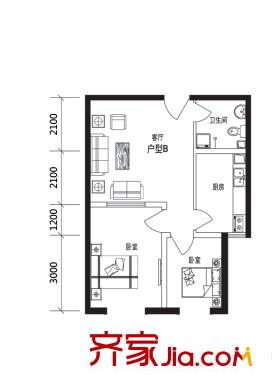 香榭麗庭02戶型 2室1廳1衛(wèi)1廚