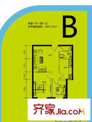 香榭麗庭B戶型 2室1廳1衛(wèi)1廚
