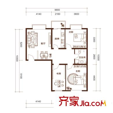 易城三期A戶型 3室2廳1衛(wèi)1廚